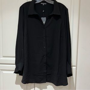 Adrianna Papell Button Down Shirt Pleated Long Sleeve Black Size 2X Blouse NWT